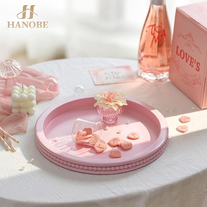 Hanobe Pink Round Decorative Tray with Beaded Edge | Durable paulownia wood, for displaying perfumes, candles, or jewelry on a dresser, coffee table, vanity, bathroom counter.