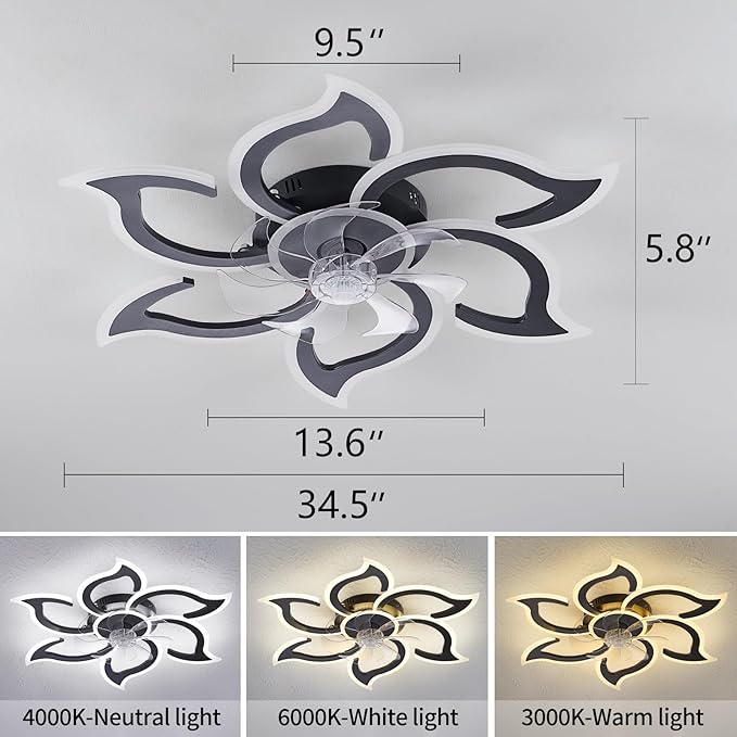 35" Black Modern Ceiling Fan with Light Remote Control, 3 Light Color 6 Speeds Samll Low Profile Ceiling Fan for Bedroom Kitchen