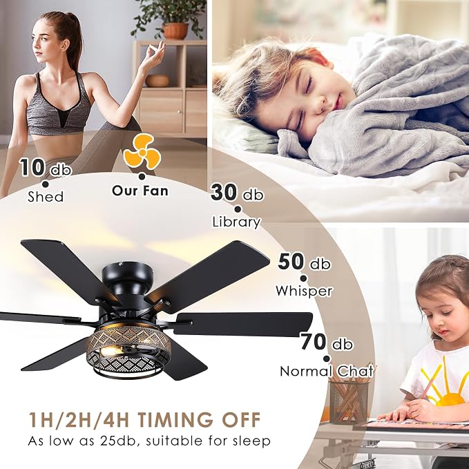 Hounberi 48 Inch Ceiling Fans with Lights and Remote Control, Flush Mount Industrial Black Ceiling Fan, Dual Finish 6 Blades, Reversible DC Motor, Rustic Caged Ceiling Fans for Living Room Bedroom