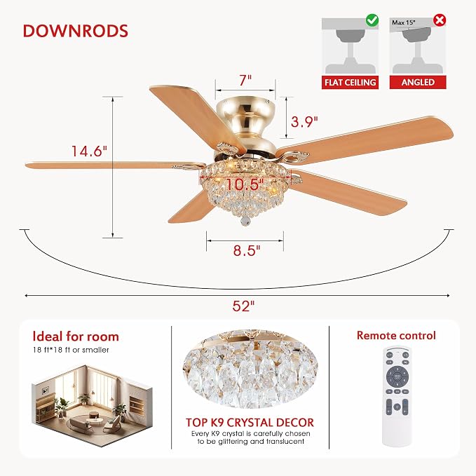 GJeg Crystal Ceiling Fan Fandelier with Lights-Ceiling Fans with Remote Control,Modern Ceiling Fan with Noiseless DC Reversible Motor,Dining Room,Living Room(52" Gold)