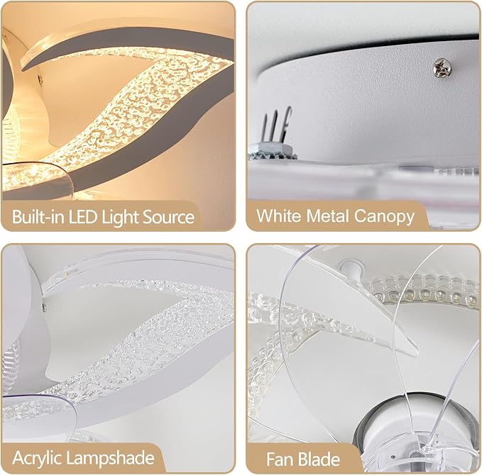 27" White Geometric Ceiling Fan with Light Remote Control, 3 Light Color 6 Speeds Flush Mount Low Profile Ceiling Fan with Light for Bedroom Kitchen