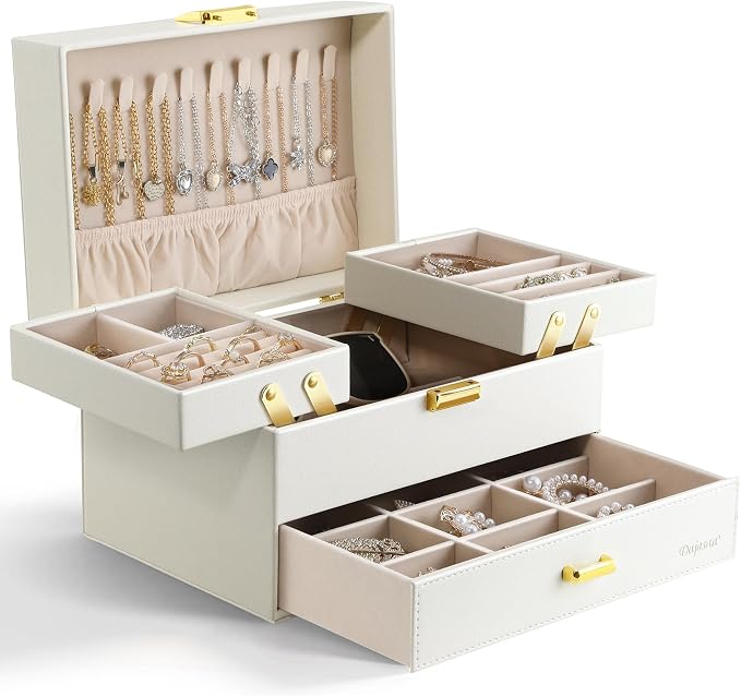 Dajasan Jewelry Organizer Box, Large Jewelry Boxes for Women Girls, Space-Saving 3 Layers Jewelry Storage Case with Drawer, Movable Metal Stand, Modern, Gift Idea (Cloud White + Gold)