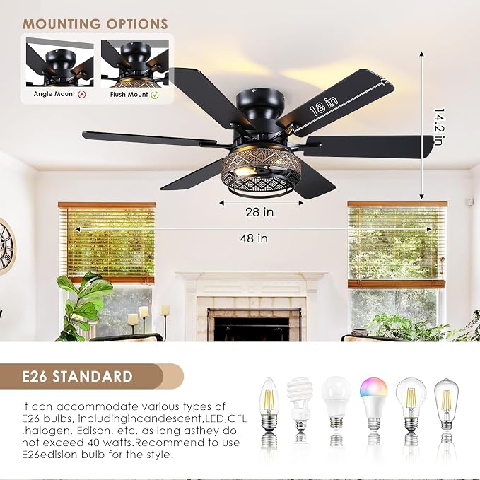 Hounberi 48 Inch Ceiling Fans with Lights and Remote Control, Flush Mount Industrial Black Ceiling Fan, Dual Finish 6 Blades, Reversible DC Motor, Rustic Caged Ceiling Fans for Living Room Bedroom