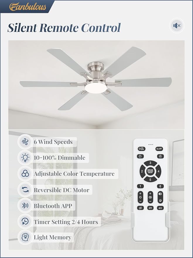 Fanbulous 52 Inch Ceiling Fan with Lights, APP & Remote Control, Flush Mount Low Profile Brushed Nickel Ceiling Fan, 3000-6000K Dimmable LED, Quiet Reversible Motor, 6 Speeds, for Bedroom Living Room