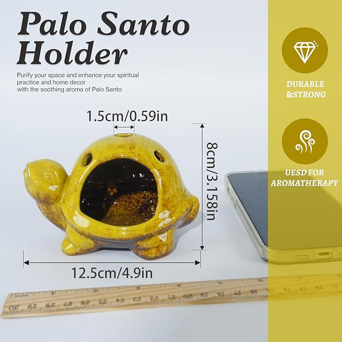 Mougigi Yellow Ceramic Turtle Palo Santo Burner Holder-Mini Chiminea Incense Dish for Burning Smudge Sticks、Sage、Aromatic Santos、 Incense Cones Fits Altar &Zen Spaces,Unique Gift for Friends & Family