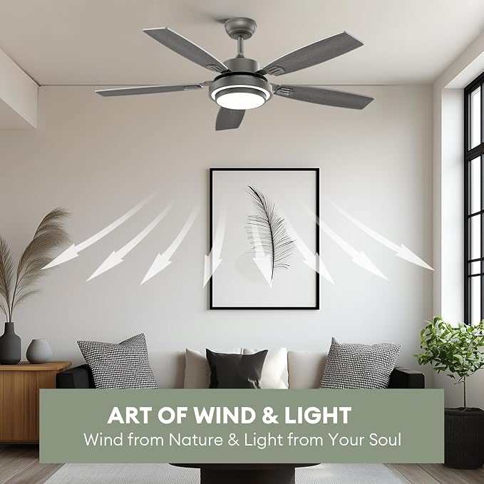 52 Inch Ceiling Fans with Lights and Remote Control, Ceiling Fan for Bedroom Living Room and Patio, Medium Grey Ceiling Fan for Indoor and Outdoor