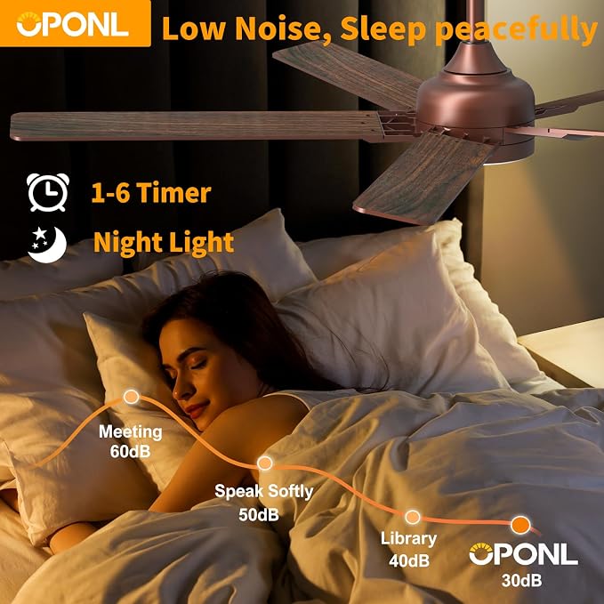 OPONL Ceiling Fan with Light, Ceiling fan with Light and Remote Control, Reversible, 6CCT, Dimmable, Noiseless, Ceiling Fan for Bedroom, Indoor/Outdoor Use, Brown, 52 inch, Modern