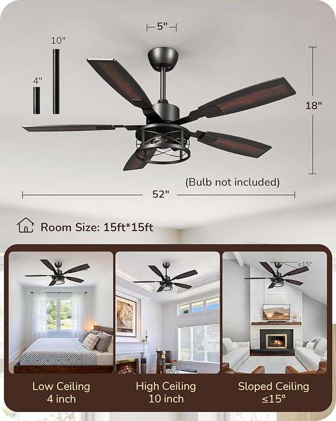 EDISHINE 52" Farmhouse Ceiling Fans with Lights and Remote, 10%-100% Dimmable, Reversible DC Motor, 6 Speed, 5 Wooden Blades, Timer, Rustic Caged Fandelier Ceiling Fan for Living Room, Bedroom