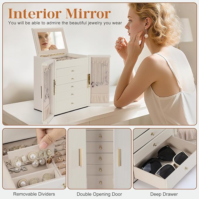 Dajasan Large Jewelry Organizer Box, Jewelry Boxes for Women Girls, 6-Tier Jewelry Storage Organizer with Mirror for Necklace Ring Bracelet Watch, Gift Idea (Beige)