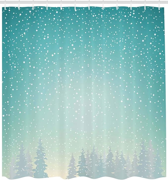 Ambesonne Winter Shower Curtain, Snow Falls on The Spruce Forest Fir Trees Seasonal Nature Woods ICY Cold Xmas, Cloth Fabric Bathroom Decor Set with Hooks, 69" W x 75" L, Turquoise White