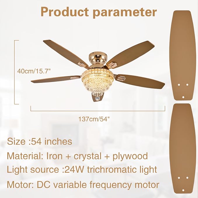 Crystal Ceiling Fan Fandelier with Lights-Ceiling Fans with Lights,54" Low Profile and Remote Control, Flush Mount, Reversible, Dimmable, Noiseless,Gold Ceiling Fan for Bedroom
