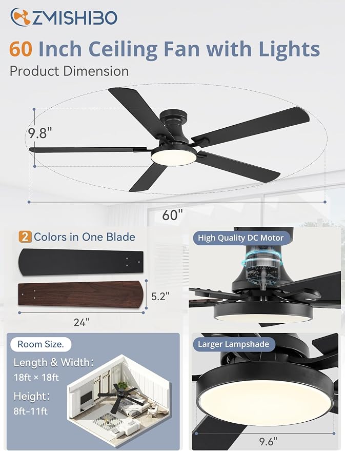 ZMISHIBO 60 Inch Flush Mount Ceiling Fan with Light, Remote&APP, Black | 6-Speed Quiet DC Motor, Dimmable 24W LED with 3CCT (3000K-6500K), Modern Low Profile for Living Room, Bedroom, Kitchen