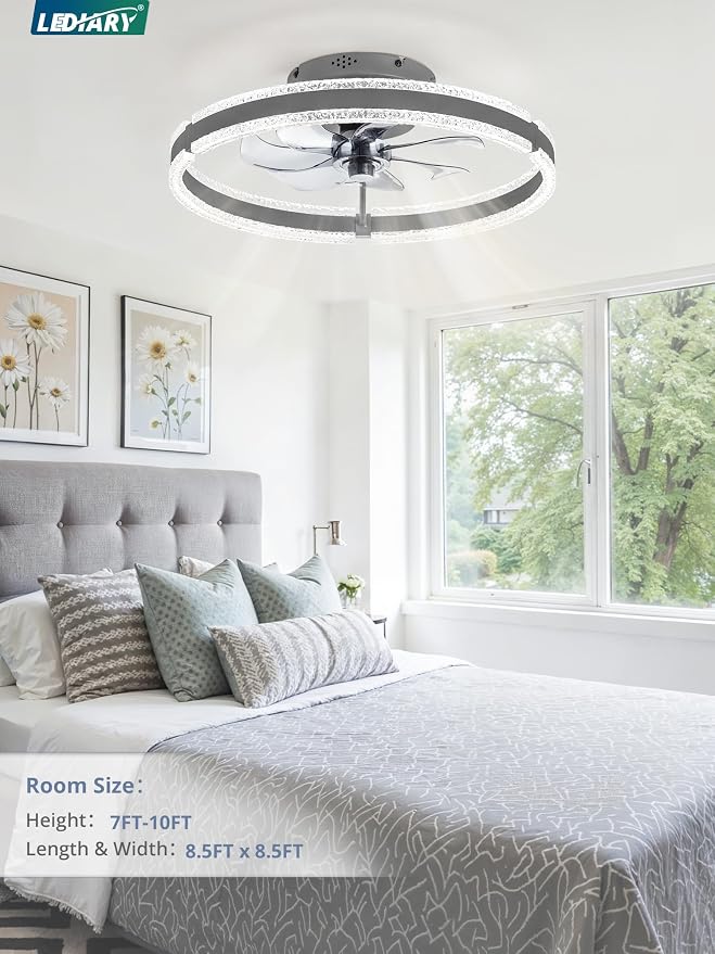 LEDIARY Ceiling Fans with Lights and Remote, 20'' Low Profile Ceiling Fan with Light, 3000-6000K Dimmable Fandelier Ceiling Fans, Modern Flush Mount Fan Light for Bedroom with 6 Wind Speeds-Sandy Gray