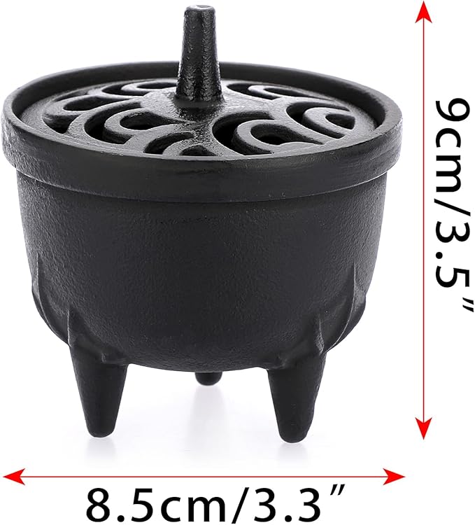 JUXYES Vintage Tripod Incense Burner Holder with Lid, Cast Iron Incense Holder Metal Cauldron Censer Antique Cone Coil Incense Burner Holder for Incense Resins, Cones, Charcoal or Wax Melts