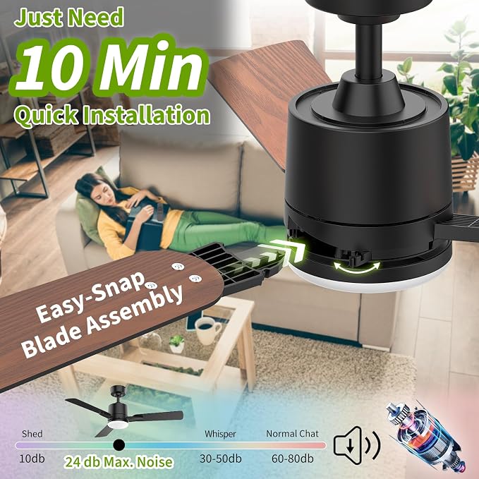42 Inch Ceiling Fans with Lights, Low Profile Ceiling Fan with Light and Remote Control,10 Min Quick Installation,Reversible,3CCT Dimmable,Quiet,Black Small Ceiling Fan for Bedroom Indoor/Outdoor