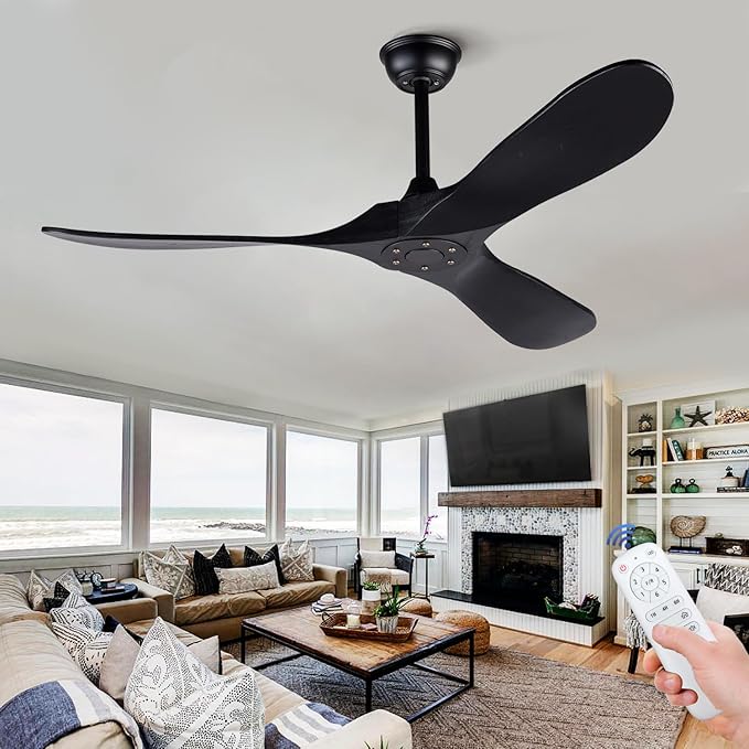 52 Inch Ceiling Fans without Lights, Black Ceiling Fans no Lights with Remote Control, 3 Solid Wood Blades， Indoor Outdoor Ceiling Fan for Living Room Patios Bedroom Kitchen