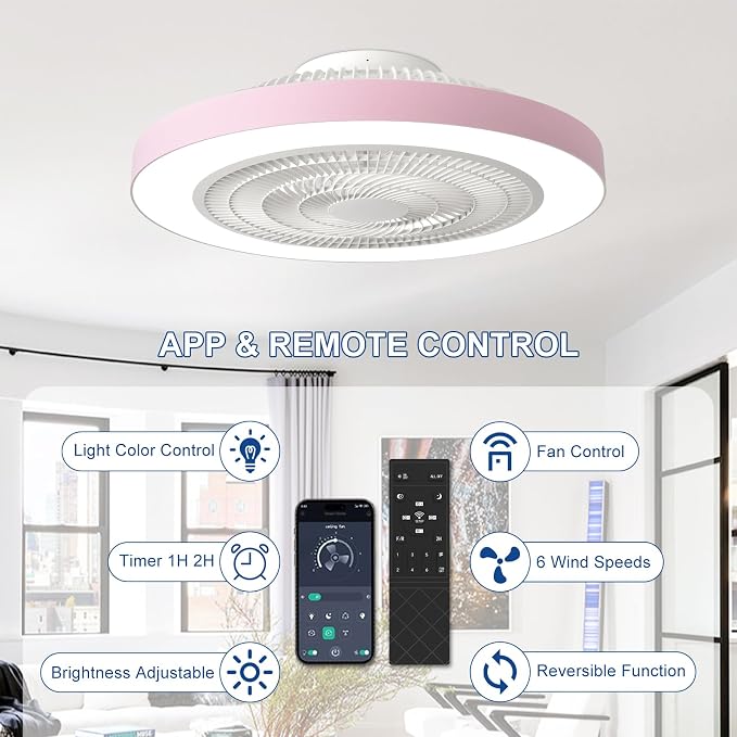 Depuley Bedroom Ceiling Fan with Light: 19" Modern LED Flush Mount Low Profile Ceiling Fans with Remote & Smart APP Control - Pink Enclosed Bladeless Fandelier Dimmable Quiet DC Motor for Kids Room