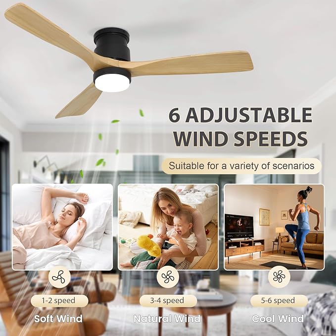 52inch Natural Wood Flush Mount Ceiling Fan with Light and Remote Control