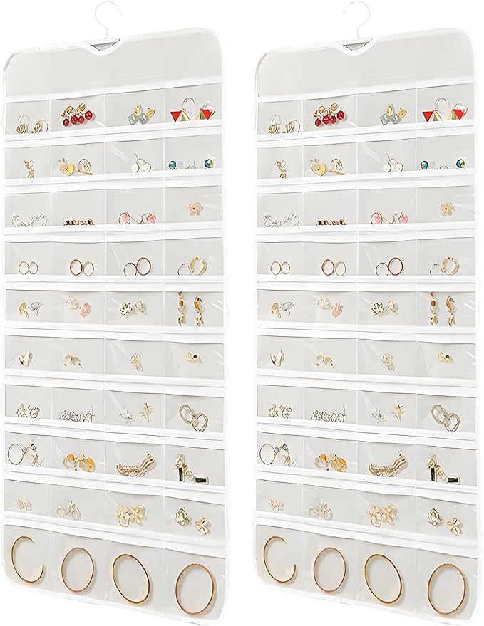80 Pockets Hanging Jewelry Organizer, Double-Sided White Closet Jewelry Holder for Space-Saving Storage of Earrings, Rings, Bracelets and Small Accessories