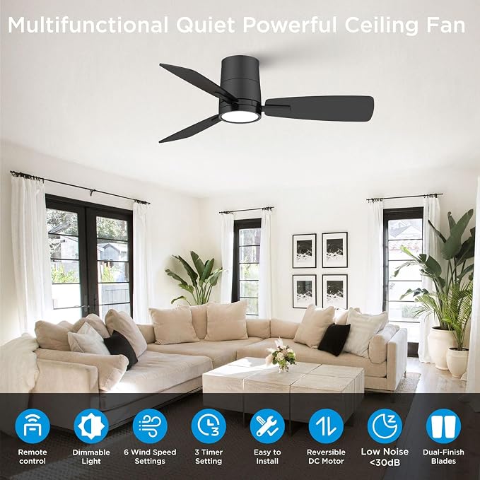 Ceiling Fans with Lights,42 inch,Quiet Reversible Motor,Easy to Install,6 Speeds,Dimmable,Timer, Black Modern Ceiling Fan for Living Room, Bedroom, Kitchen, Dining room, Office