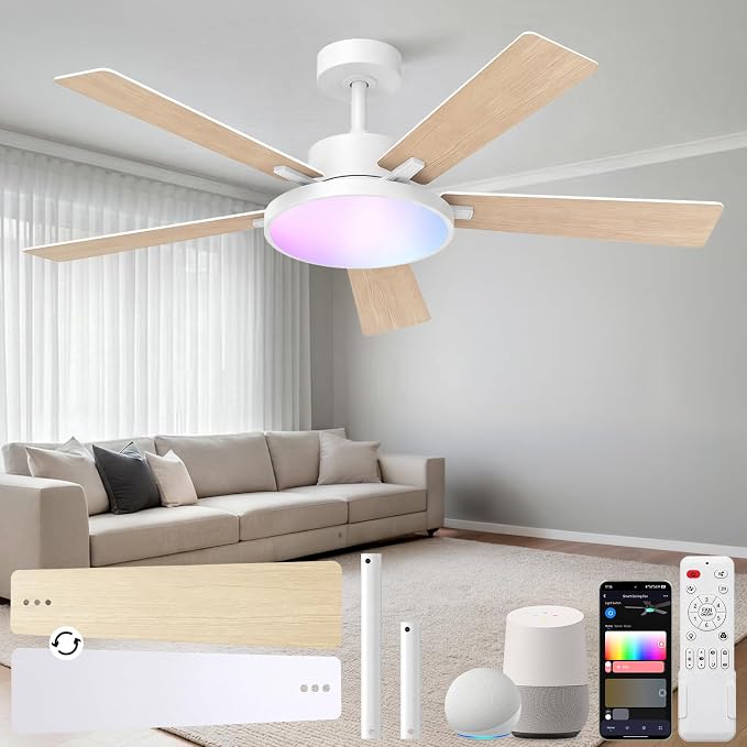 Smart Ceiling Fan with Light,RGBCW 52" Low Profile Ceiling Fan with Light and Remote,Alexa/Google/App Control,Reversible DC Motor,Dimmable,2500lm,Quiet Fan for Bedroom,Living Room White