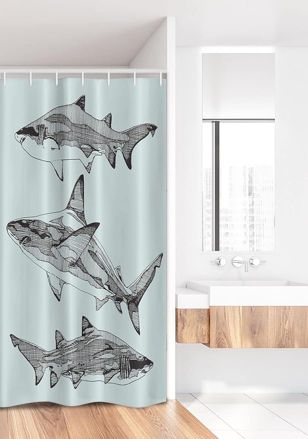 Ambesonne Animal Stall Shower Curtain, Sealife Big Dangerous Fish Shark Sketchy Monochrome Tail Print, Fabric Bathroom Decor Set with Hooks, 36" W x 72" L, Grey Charcoal