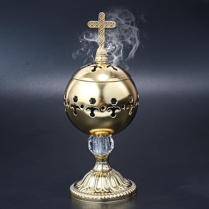 Nazareth Store Gold Incense Burner Charcoal Polished Brass Censer Christian Church Incense Holder Incense Cones Cross 7.9" Aromatherapy Fragrance Ornament