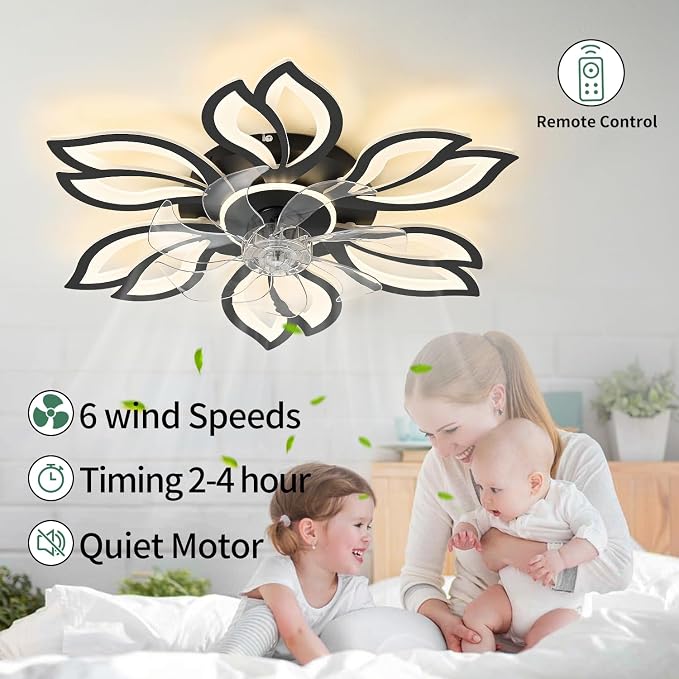 Black Flower Modern Ceiling Fans with Lights, Low Profile Ceiling Fan with Remote for Bedroom, Flush Mount Ceiling Fan with LED Dimmable Light,6-Speeds, Ceiling Fans Light