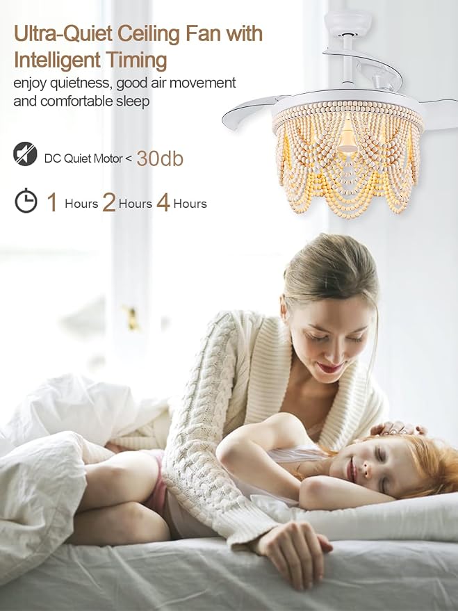 42 Inch Boho Ceiling Fan with Lights Retractable Chandelier Ceiling Fan Wood Beaded Coastal Chandelier for Bedroom Living Room White Fandelier 3 E26 Bulb, 6 Speeds Reversible Quiet DC Motor