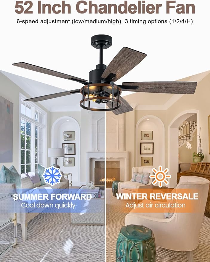 52 Inch Farmhouse Ceiling Fan with Light Rustic Ceiling Fan Quiet and Reversible DC Motor Industrial Caged Chandelier Fan for Living Room Bedroom Patio