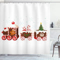 Ambesonne Christmas Shower Curtain, Train with Gingerbread Cream Candy Cartoon Toys Snowflakes Presents, Cloth Fabric Bathroom Decor Set with Hooks, 69" W x 84" L, Red Brown