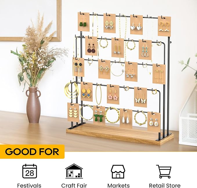 ORLESS Jewelry Display for Vendors, Earring Display Stand for Selling, Necklace Display Holder for Selling, Earring Cards Organizer for Bracelets, Rings, Jewelry Towers, Original Wood (35 Hooks)