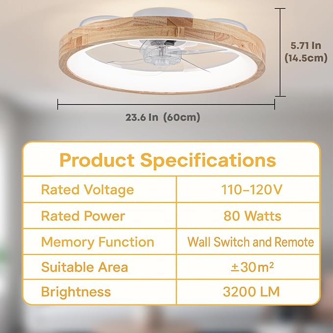 Fszdorj 24'' Ceiling Fan with Light and Remote, Low Profile Ceiling Fan with Light, Dimmable Flush Mount Ceiling Fan Light, 6 Speeds Fan, App&Remote Control, Fandelier Quiet Fan for Bedroom F126