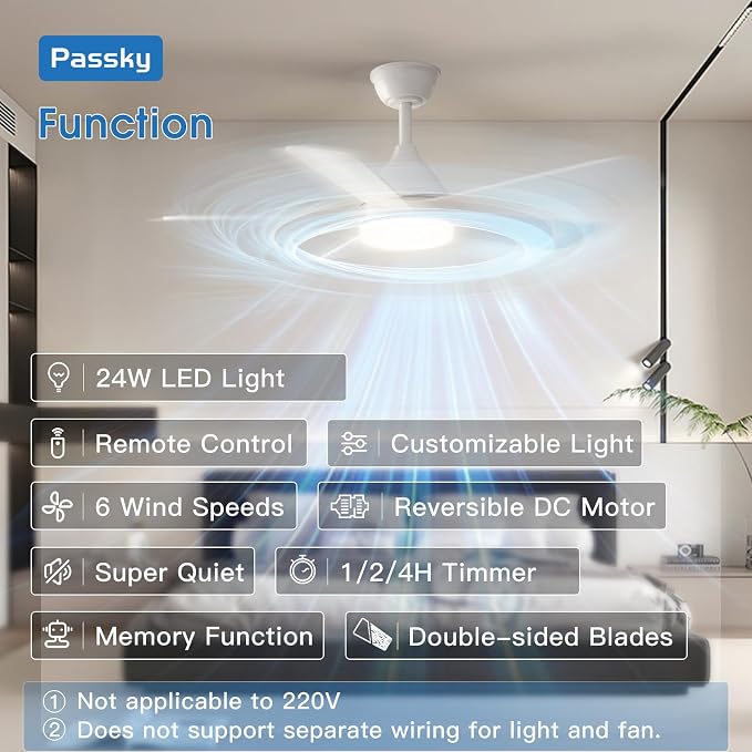 Passky Ceiling Fans with Lights, 42 inch Sleek Ceiling Fan with Light and Remote Control, 3CCT, Dimmable, Reversible, Noiseless, White Ceiling Fan for Bedroom, Living Room