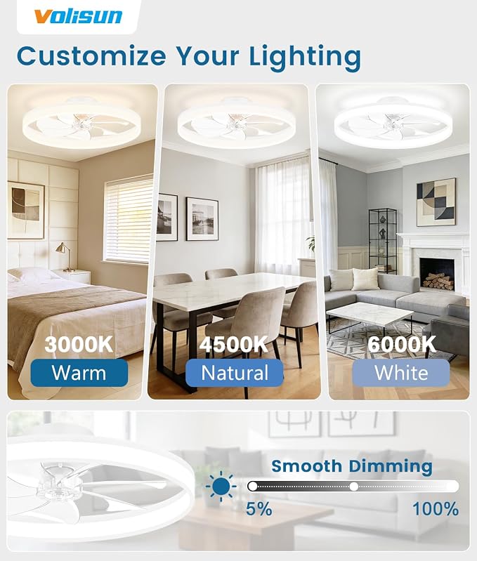 VOLISUN Low Profile Ceiling Fans with Lights and Remote, 27.6in Fandelier Ceiling Fan Flush Mount, 3000K-6500K Smart Bladeless LED Fan Light, White Modern Ceiling Fans with Lights for Bedroom