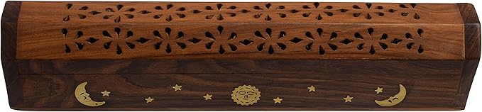 Coffin Style Wood Incense Burner Holder with Sun and Moon Inlays for Incense Sticks and Cones
