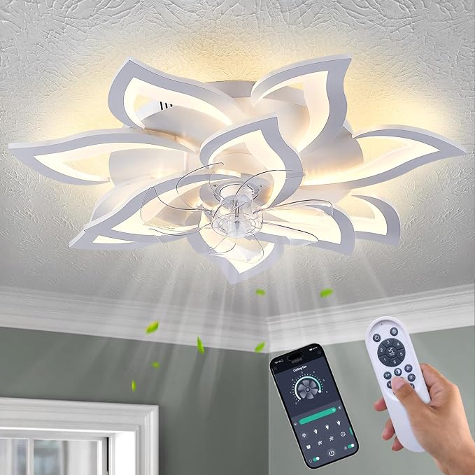 32inch White Flower Modern Ceiling Fans with Lights, Low Profile Ceiling Fan with Remote for Bedroom, Flush Mount Ceiling Fan with LED Dimmable Light,6-Speeds, Timing Ceiling Fan Light