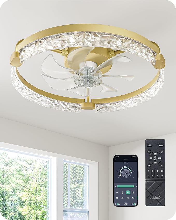 EDISHINE Ceiling Fans with Lights, 20'' Low Profile Flush Mount Fandelier, 3000-6000K Dimmable, 6 Speeds, App & Remote Control, DC Motor, LED Modern Bladeless Fan Light for Bedroom, Gold