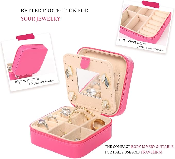 KElofoN Travel jewelry case Travel jewelry box Travel Jewelry Organizer Small Jewelry Organizer Box Gift for Girls Women with Mirror(Rosy)
