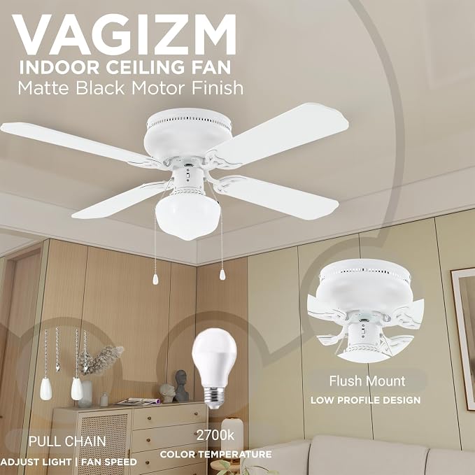 42" Flush Mount Ceiling Fan Matte White Traditional Ceiling Fan with Light & Pull Chain - Low Profile Design - Indoor or Cover Outdoor Use