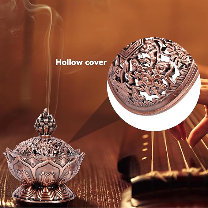 Vintage Backflow Incense Burner Bowl, Lotus Incense Holder Charcoal Ash Catcher Stick Cone Reel Incense for Powder Cone or Coil Incense (Red Bronze)