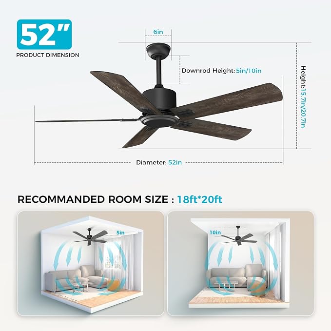Obabala 52 Inch Ceiling Fan No Light, Modern Black Ceiling Fan Without Light with Remote & APP, Quiet Reversible DC Motor, 6-Speeds, for Living Room, Bedroom, Patio (Black+Brown)