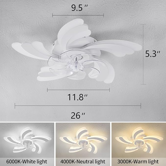 Dalouguan Ceiling Fan with Lights Remote Control, White Flower 6 Speeds 3 Light Color Low Profile Flush Mount Ceiling Fan for Kitchen Bedroom