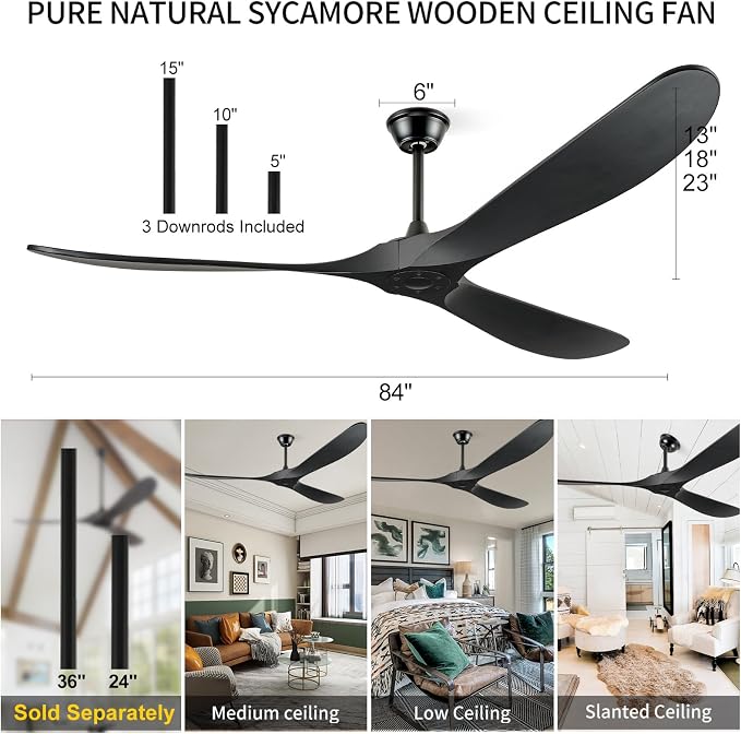 Ceiling Fans Without Light, 84 Inch Outdoor Fan No Light, Black Ceiling Fan with Remote, 3 Solid Wood Blades, Quiet Motor, High CFM, Propeller Large Ceiling Fan for Patios,Black