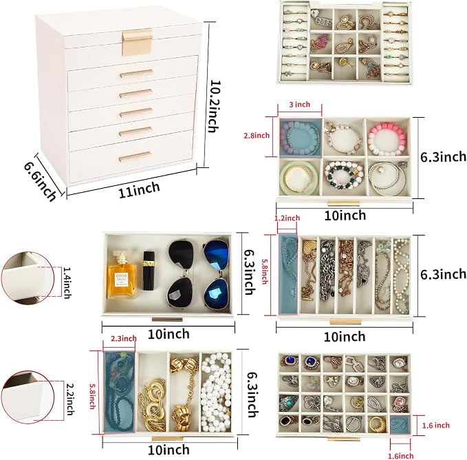 BOOVO Jewelry Boxes for Women, White and Black 6 Layer Large Jewelry Box for Necklace, Bracelet, Earrings, Rings Storage, Jewelry holder Organizer for Girls Gift (Champagne, 6 layer)