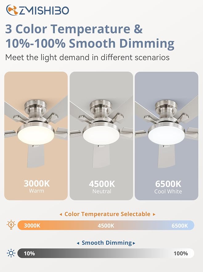 ZMISHIBO 42 Inch Ceiling Fans with Lights, Flush Mount Low Profile Ceiling Fan with 6 Speeds & 3CCT, Smart Remote&APP Control, Dimmable 24W LED Light, Quiet DC Motor for Living Room Bedroom,Nickel