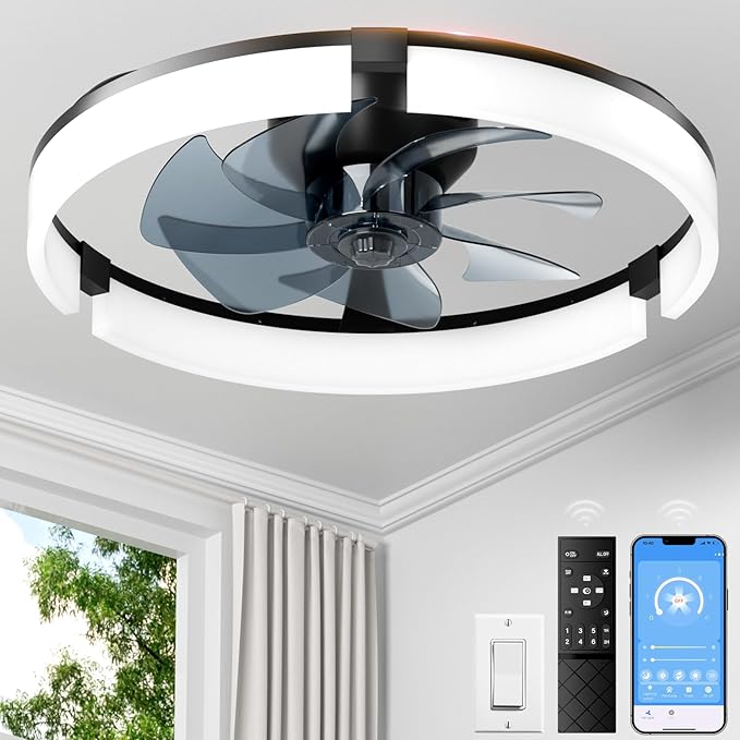 PACOVY Ceiling Fans with Lights and Remote 20 Inch, 3200LM LED & 6-Speed Fan, Low Profile Ceiling Fan Light Fandelier Dimmable 3000K–6500K, Quiet Copper Motor, Bedroom Small Flush Mount Ceiling Fan