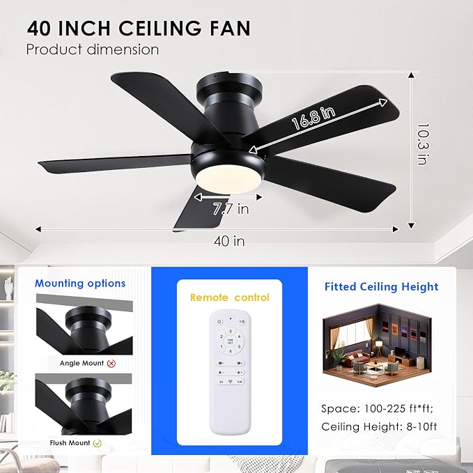 Hounberi 40 Inch Modern Low Profile Ceiling Fan with Light and Remote Control, Quiet 3CCT Dimmable LED Flush Mount Fan for Bedroom Living Room, 5 ABS Blades Reversible Motor, Black
