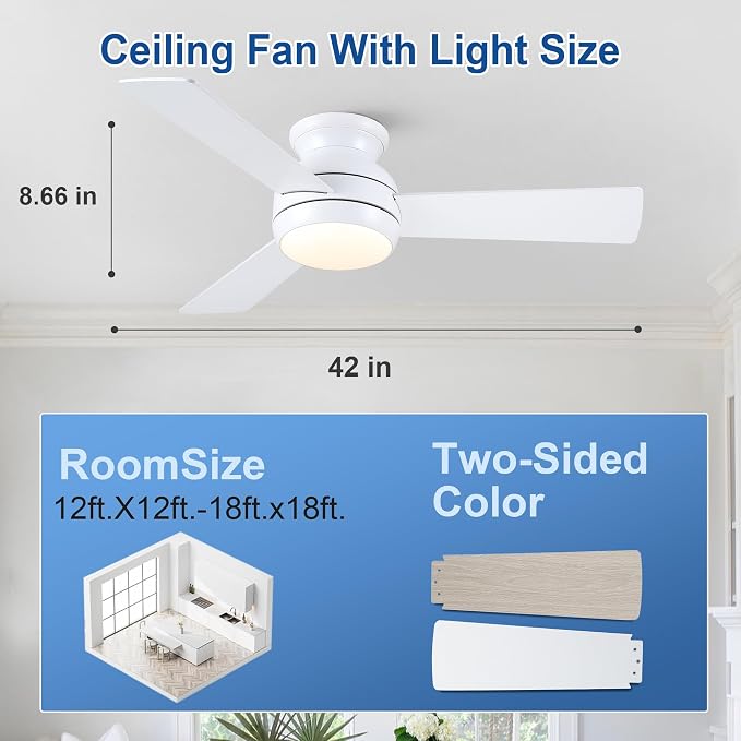 42 Inch Low Profile Ceiling Fan with Light Quiet for Bedroom,White | Flush Mount,Remote Control,Reversible DC Motor,Wood Blades,6 Speed,3CCT Dimmable for Bedroom,Living Room
