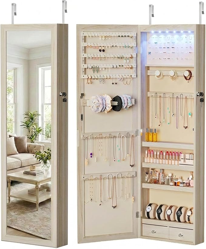 DUMOS 6 LEDs Mirror Jewelry Organizer Cabinet, Jewelry Armoire, 47.2 Inch | Hanging Door or Wall Mounted Mirror, Lockable, Large Capacity Cosmetic Storage, 2 Drawers, Gift Idea, Khaki